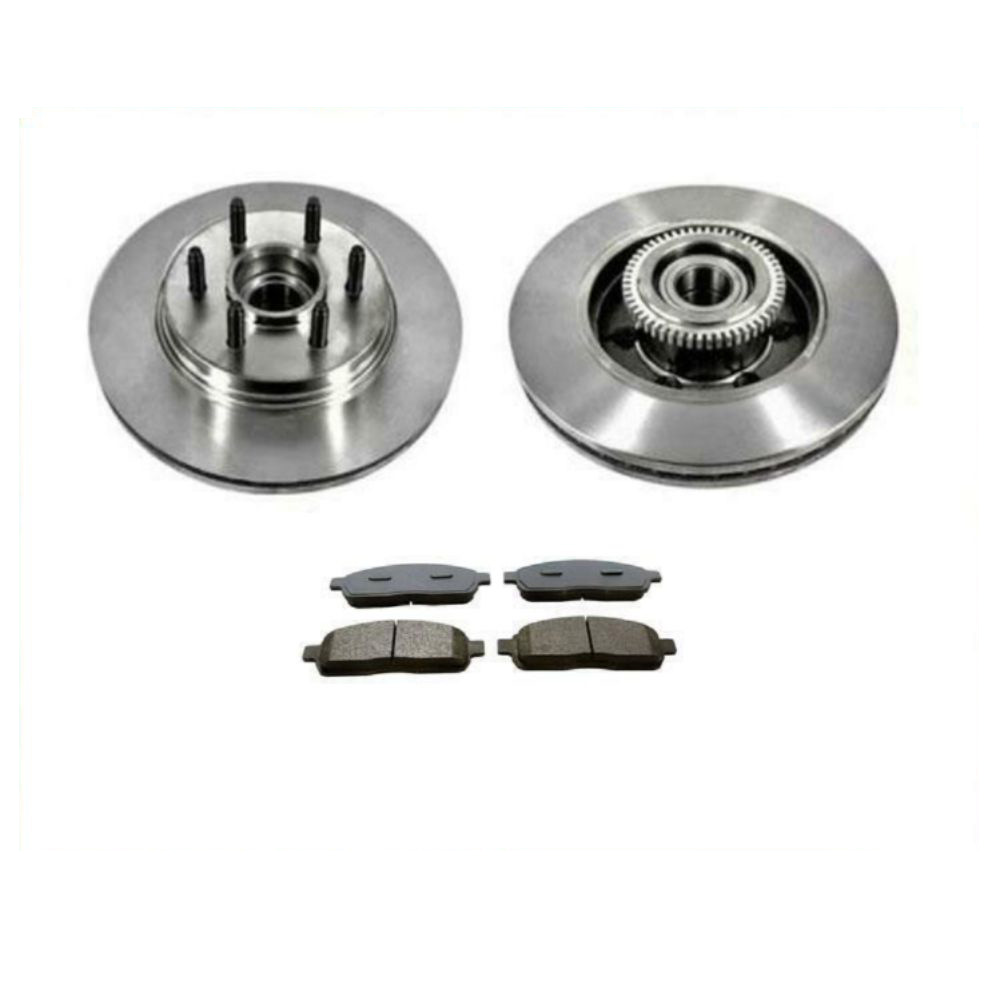For Ford Lincoln 2 Wheel Drive (2) Front Hub Bearing Brake Rotors & Brake Pads