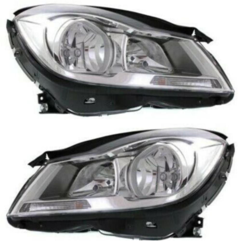 Headlight Set For 2012-2014 Benz C-Class Left And Right Chrome Housing 2Pc