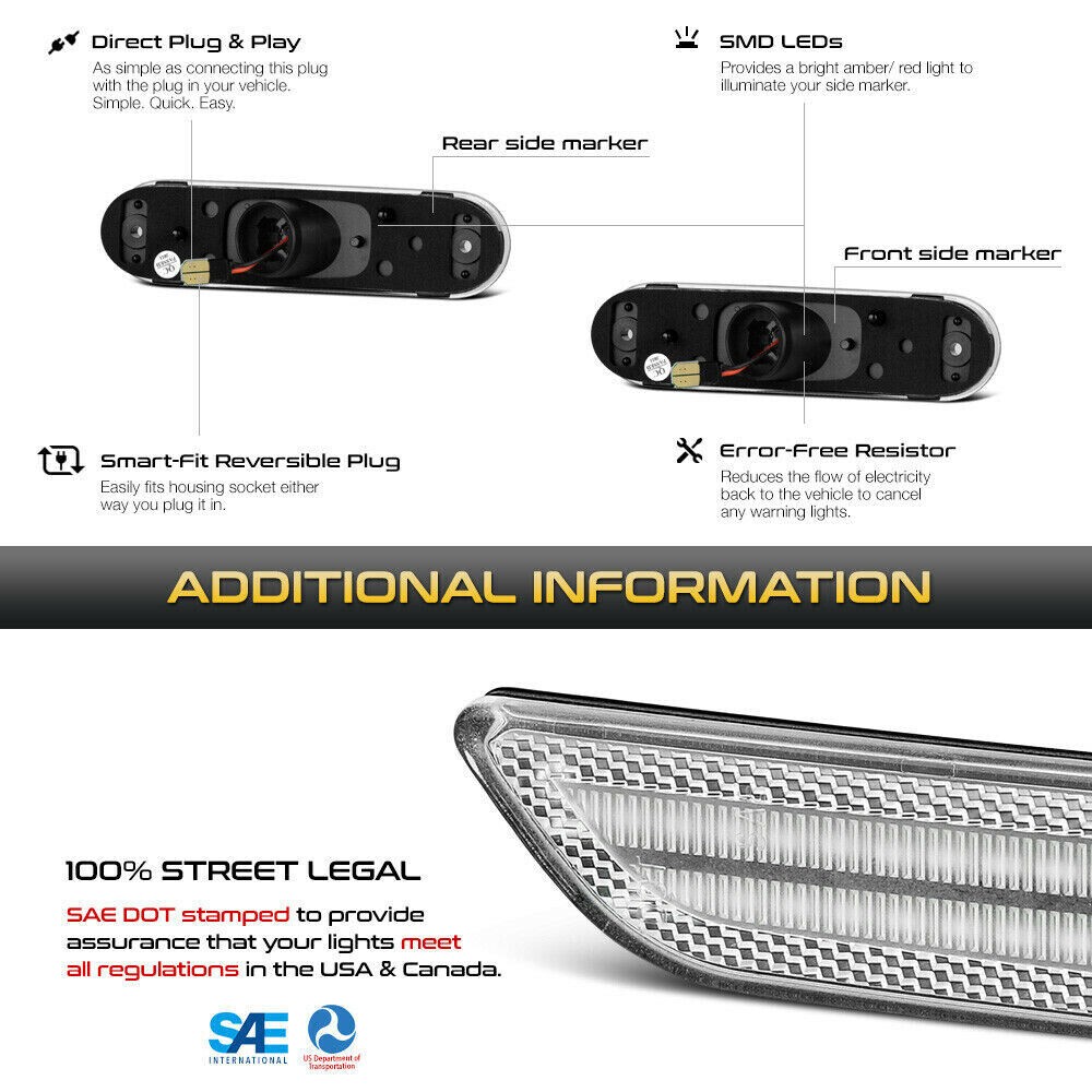 4X LED Side Marker Lights Clear Lens Front & Rear