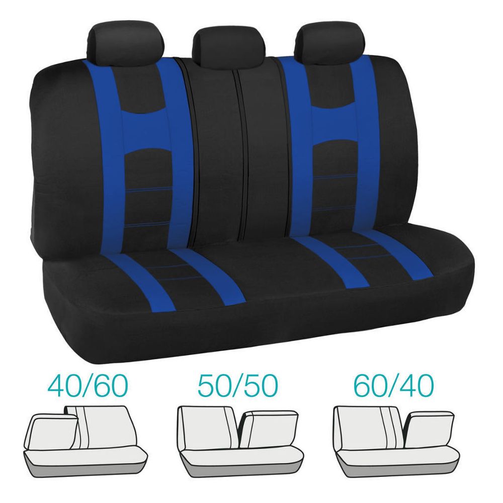 Black/Blue Sport Stripe Seat Covers Full Set W/ Shiny Metallic Blue Floor Mats
