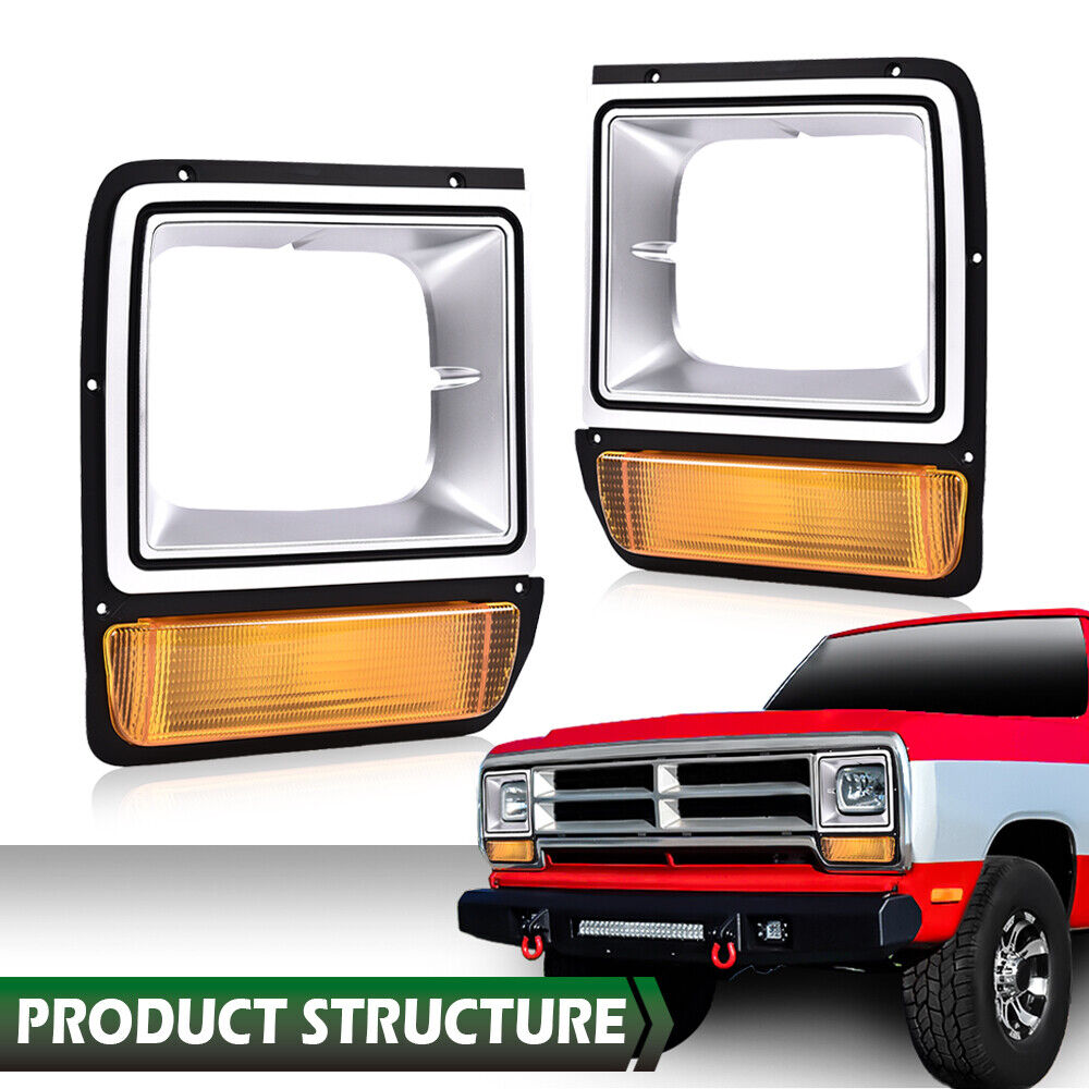 Pair Headlight Bezel Trim W/Parking Turn Signal Light For 90 D150 S W Truck