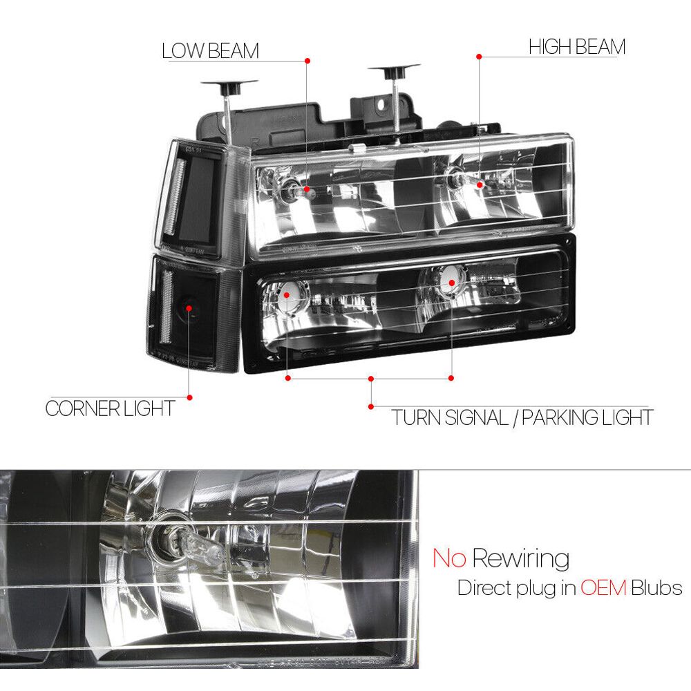 Fits 1994-2000 GMC GMT400 C10 Pickup[Black/Clear]Crystal Corner Headlight+Bumper