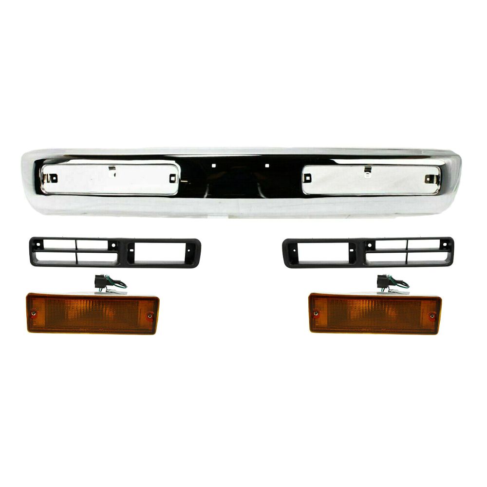 Front Bumper Chrome Steel + Signal Light + Bezels For 1996-1997 Nissan Pickup