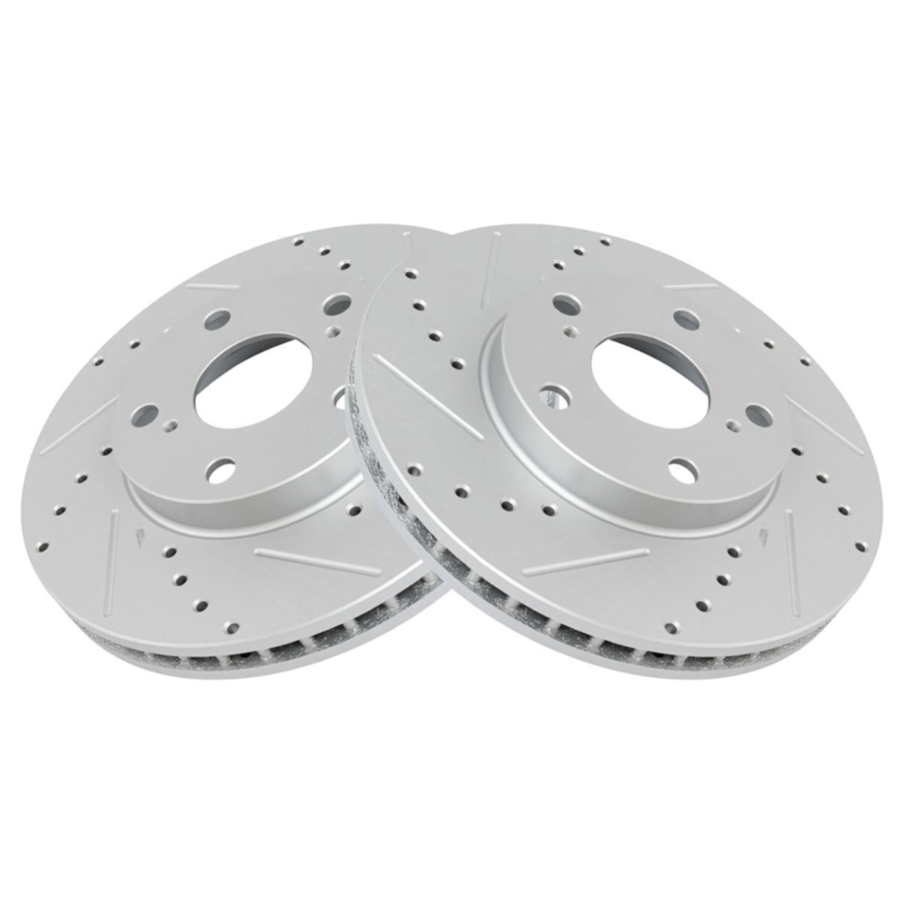 Front Metallic Brake Pad & Performance Drilled Slotted Coated Rotors