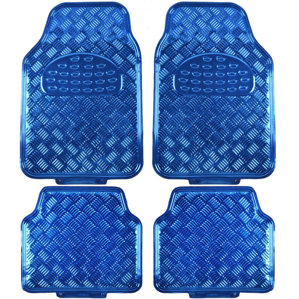 Black/Blue Sport Stripe Seat Covers Full Set W/ Shiny Metallic Blue Floor Mats