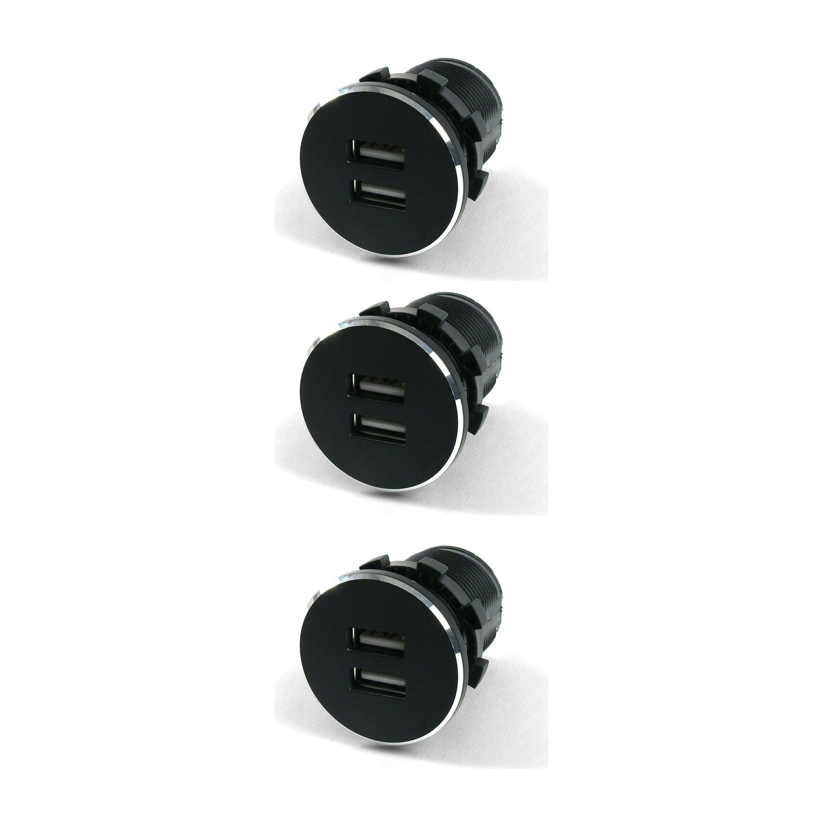 3 Sets Of - Black Dash Mount Dual Port USB Charger - Replaces Cigarette Lighter
