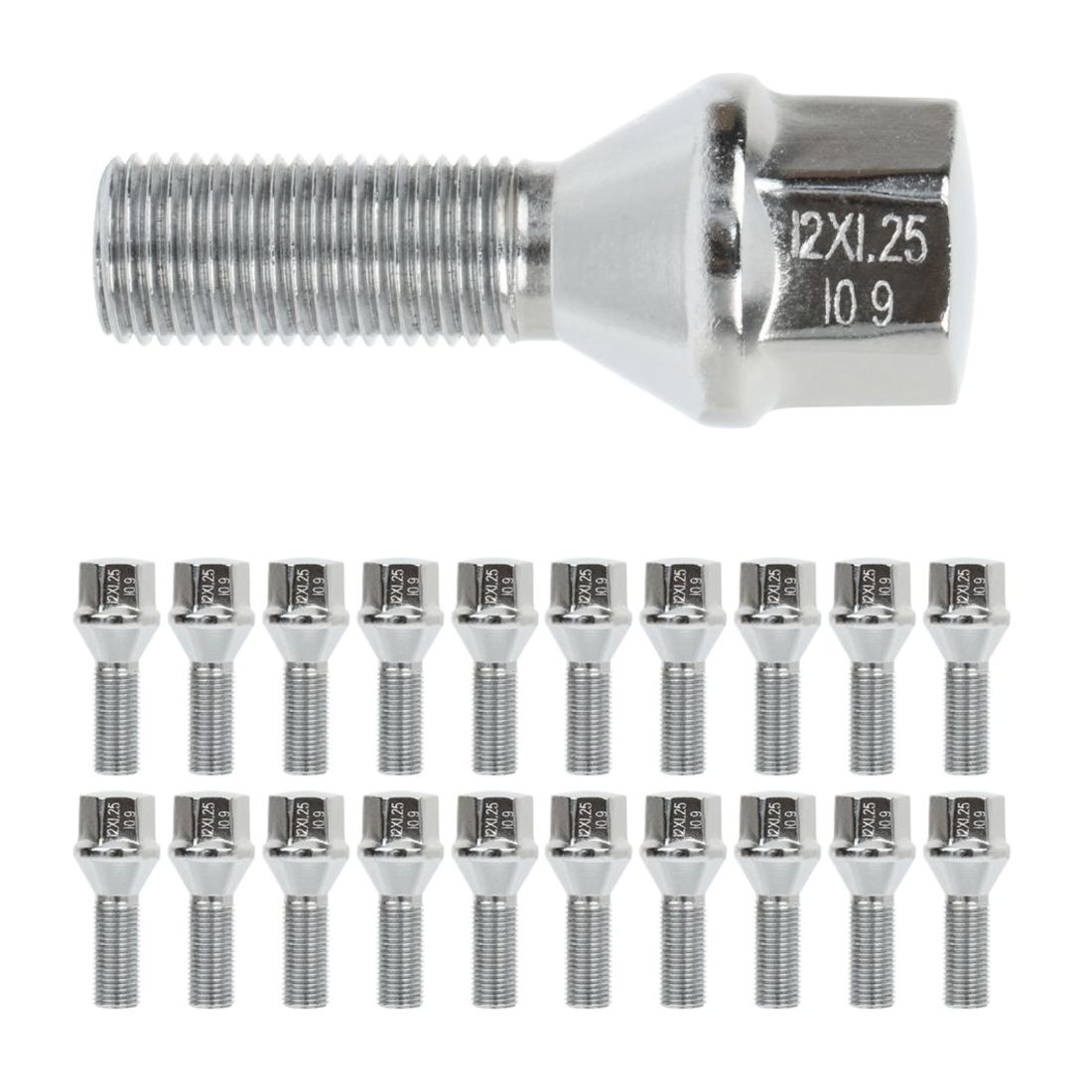 20 Piece 12x1.25 Chrome Conical Cone Wheel Lug Bolts Shank 28 Mm Silver