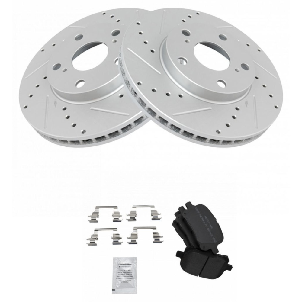 Front Metallic Brake Pad & Performance Drilled Slotted Coated Rotors