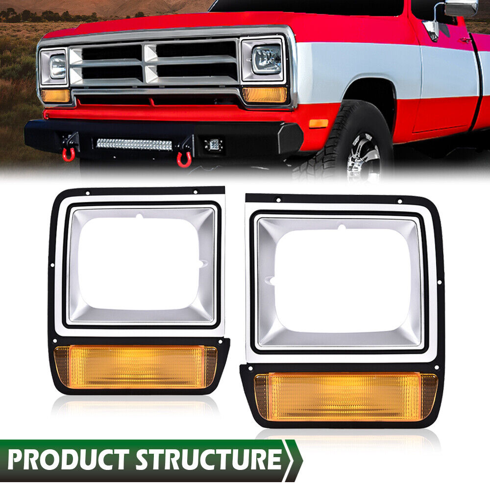 Pair Headlight Bezel Trim W/Parking Turn Signal Light For 90 D150 S W Truck