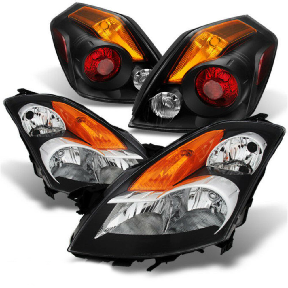 For 07-09 Nissan Altima 4Dr Sedan Black Headlights + Black Tail Lights Pair Set