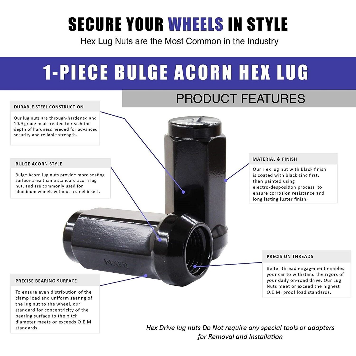 32 Lug Nuts Long Bulge Acorn 9/16-18 1.9" Tall Black Wheel Nut Lugs