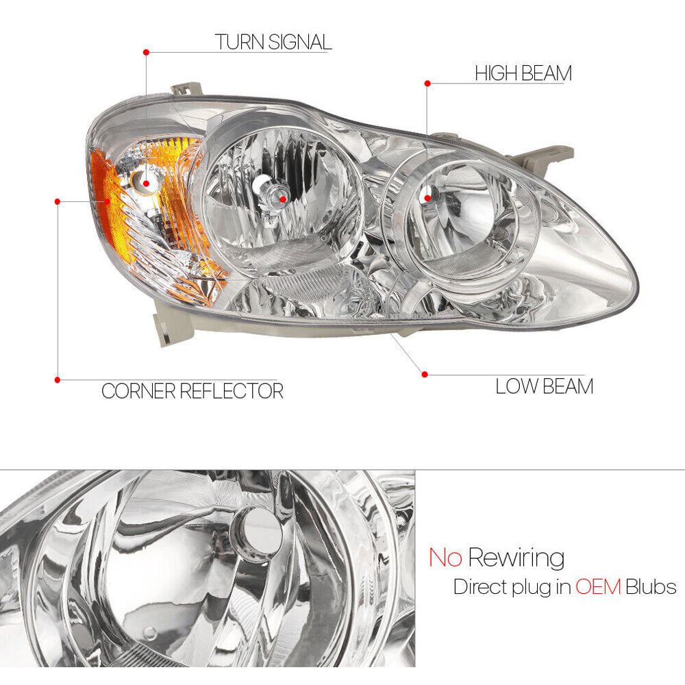 Fits 2003-2008 Toyota Corolla[Chrome/Clear]Amber Corner Headlight Headlamp Lamp