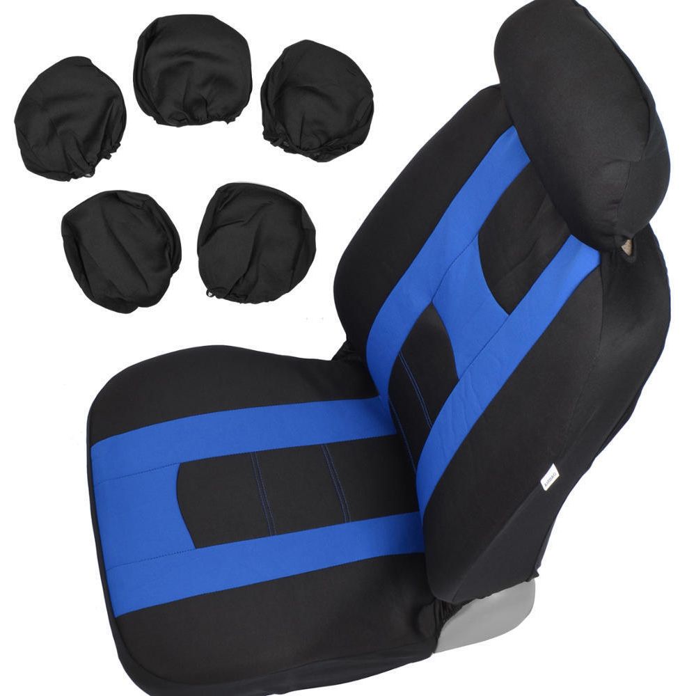 Black/Blue Sport Stripe Seat Covers Full Set W/ Shiny Metallic Blue Floor Mats
