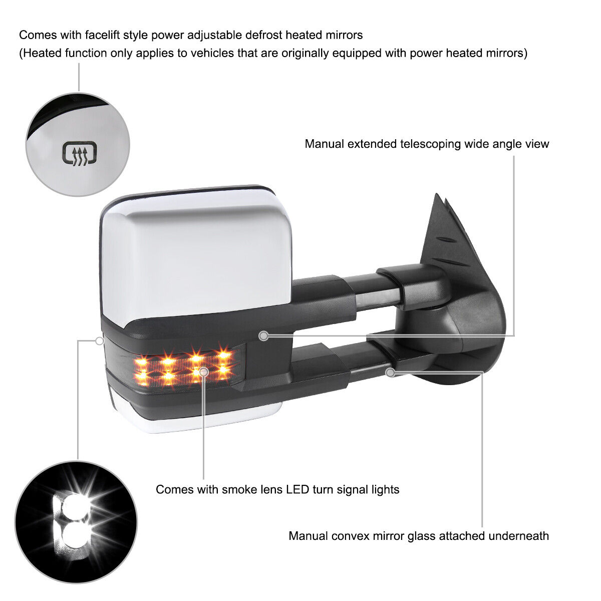 Tow Mirrors Silverado 1500 Chrome Power Heated+Smoke LED Signal