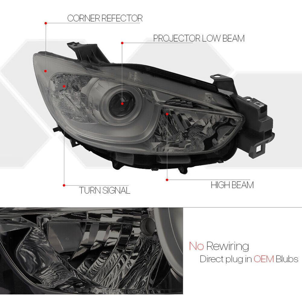 Fits 2013-2016 Mazda CX-5 [Chrome/Smoke] Crystal Corner Projector Headlight Lamp