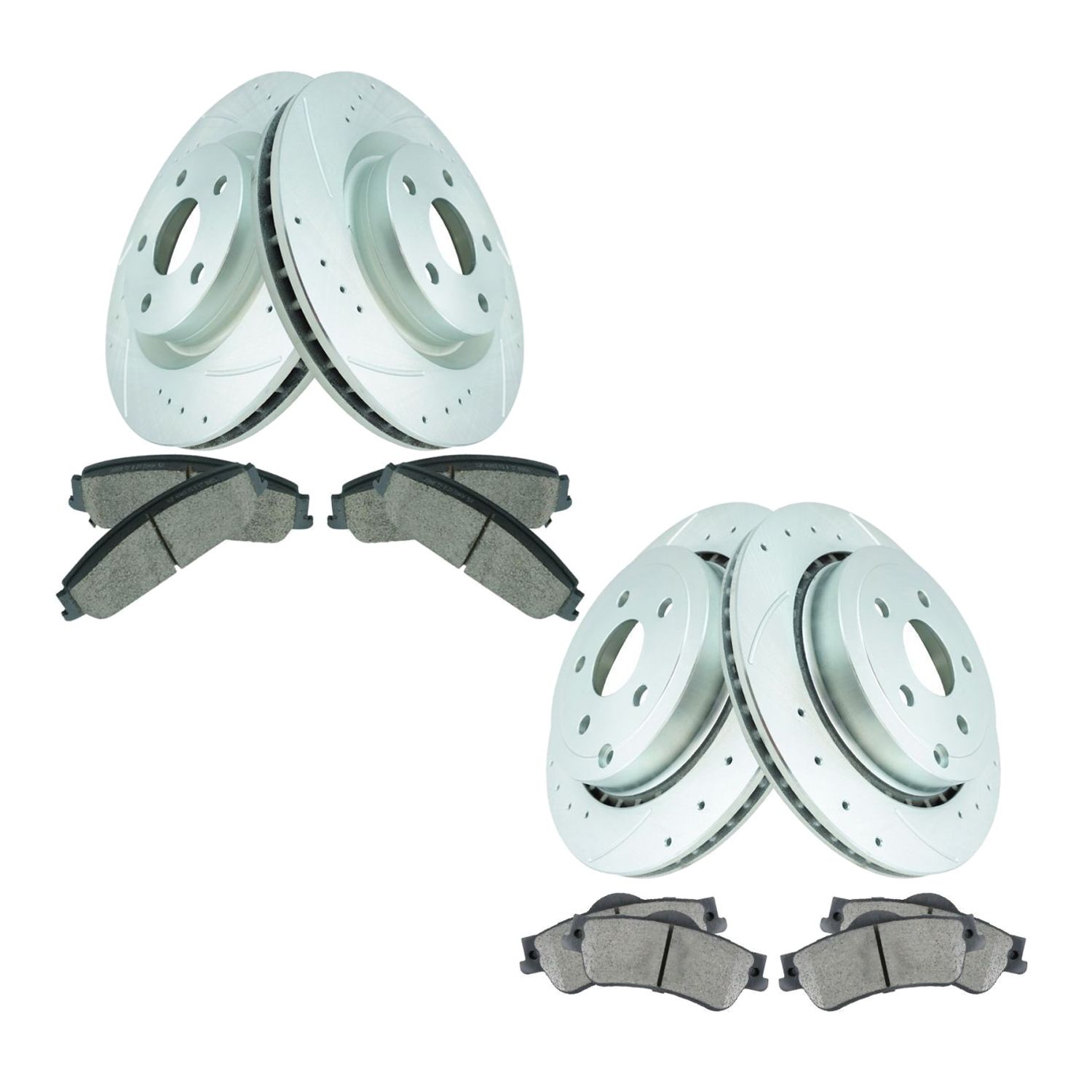 Front & Rear Ceramic Brake Pads & Performance Drilled Slotted Coated Rotor Kit