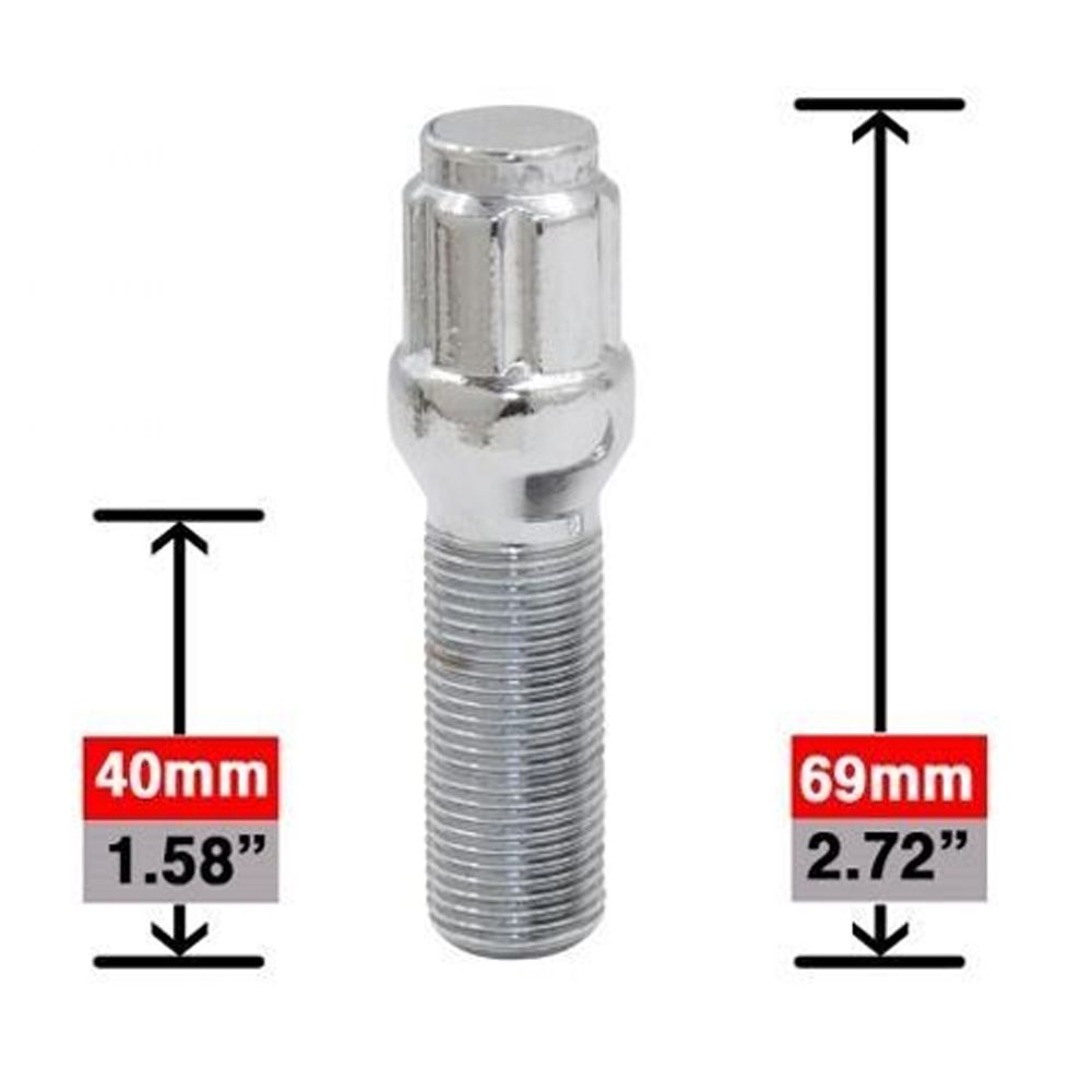 20 Lug Bolts 14x1.25 Chrome Conical 6-Spline Stud Bolt 40mm + Key/Tool