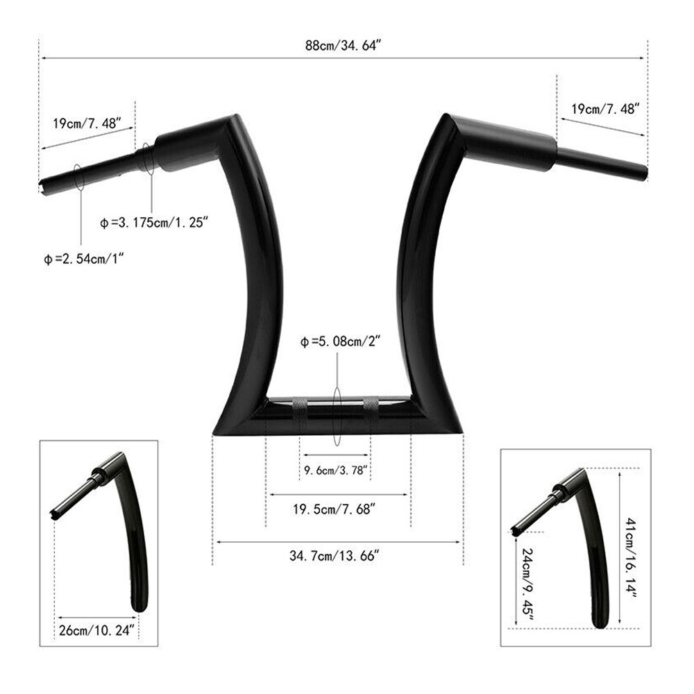 Black 16" Rise 2" Ape Hanger Handlebar & Risers For Harley-Davidson