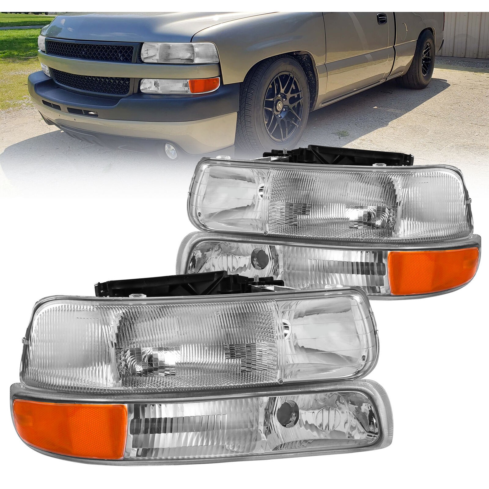 Chrome Headlight Front Lamps LH & For Chevy 99-02 Chevy Silverado 00-06 Suburban