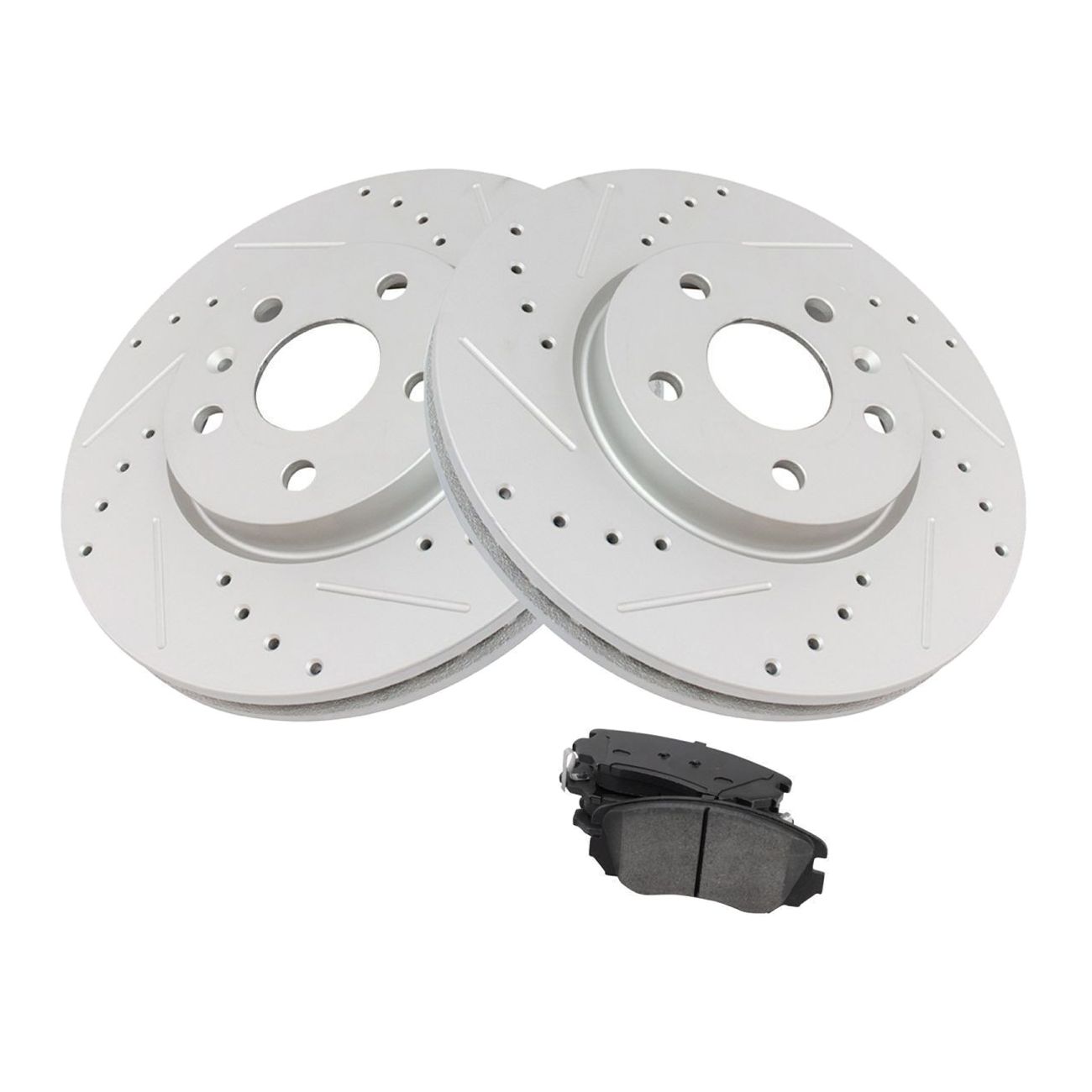 Front Semi-Metallic Brake Pad & Performance Drilled Slotted Zinc Rotor Kit