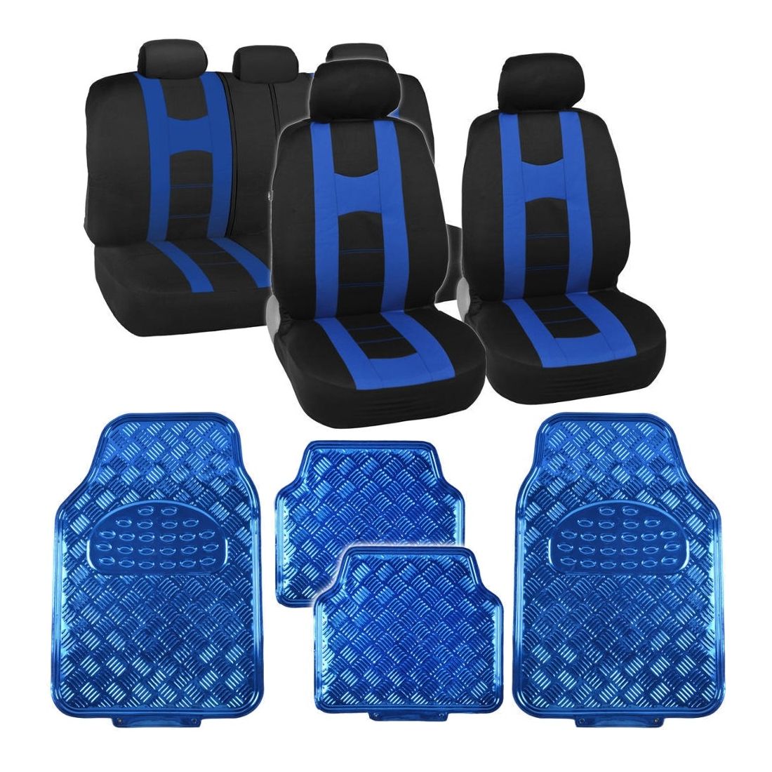 Black/Blue Sport Stripe Seat Covers Full Set W/ Shiny Metallic Blue Floor Mats