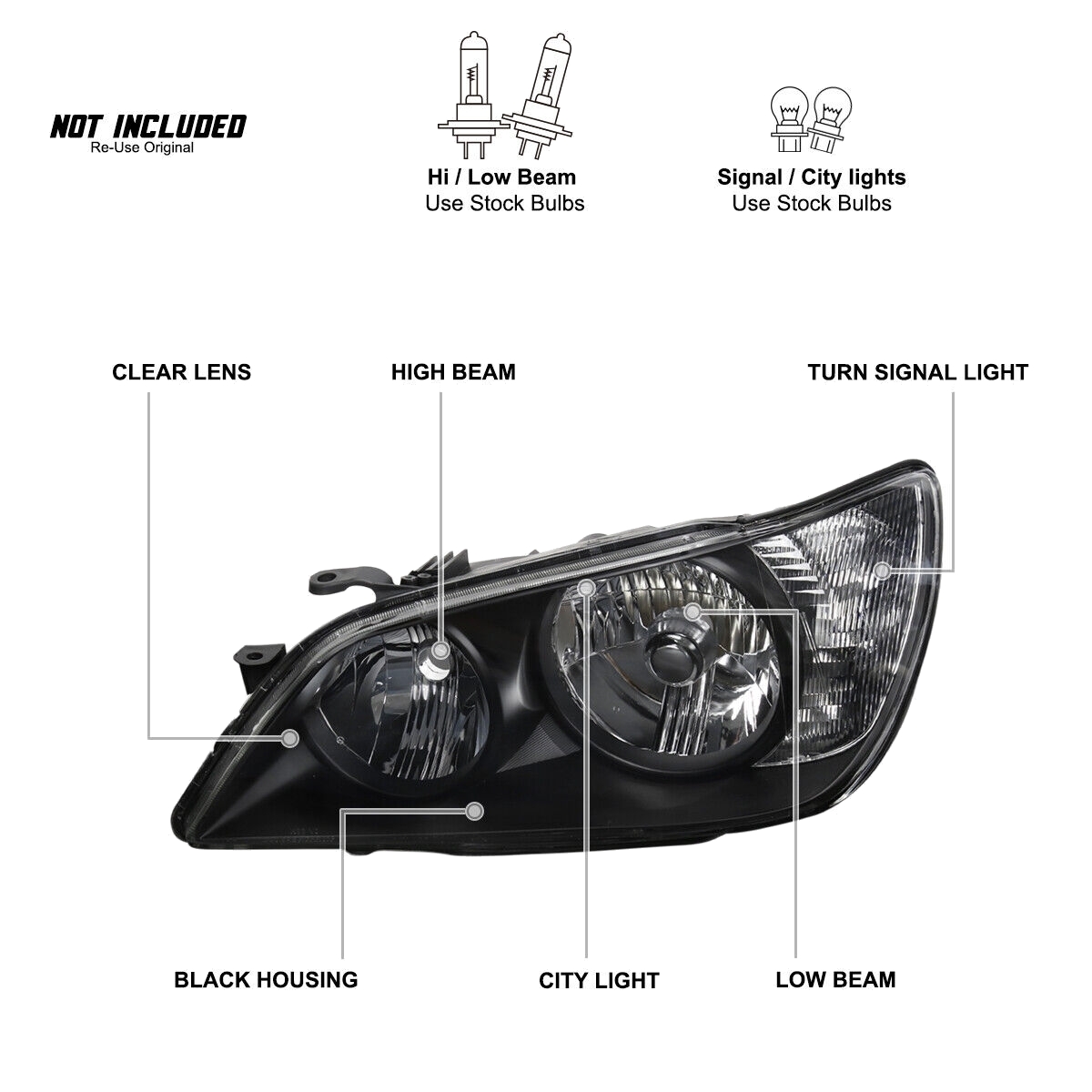 Black Headlights Assembly Lamps Left+Right Pair
