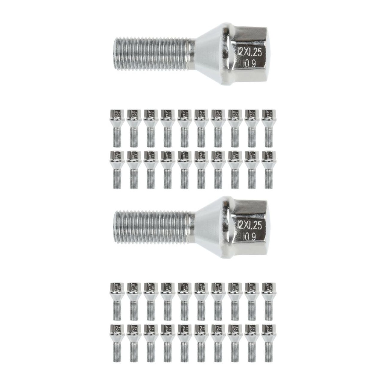40 PCS - 12x1.25 Chrome Conical Cone Wheel Lug Bolts Shank Mm Silver