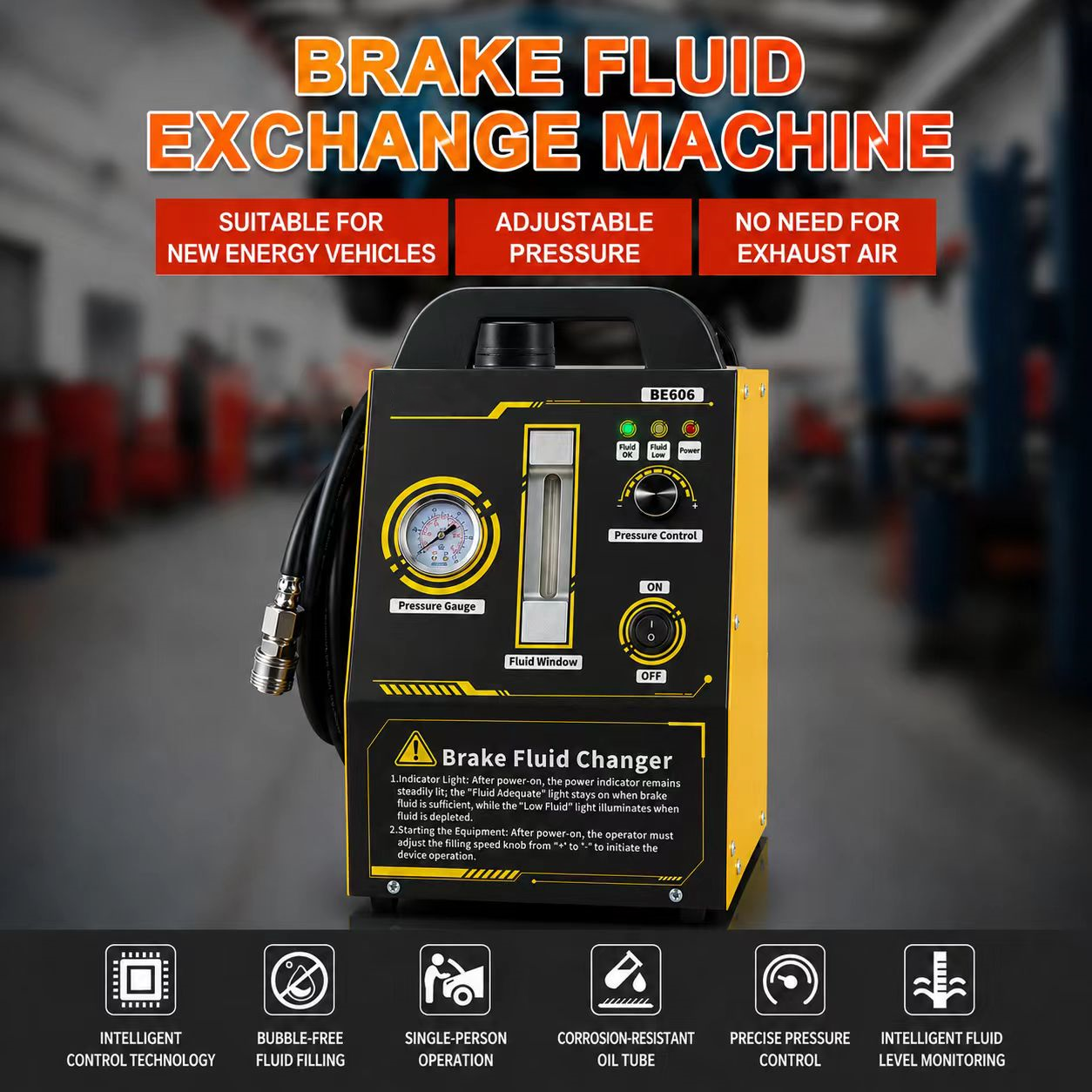 110V Automatic Brake Fluid One-Person Exchange Machine 16 Adapters, Precise Adjustable Pressure, Vacuum Air-Free Filling, Fully Auto Pressure Bleeder