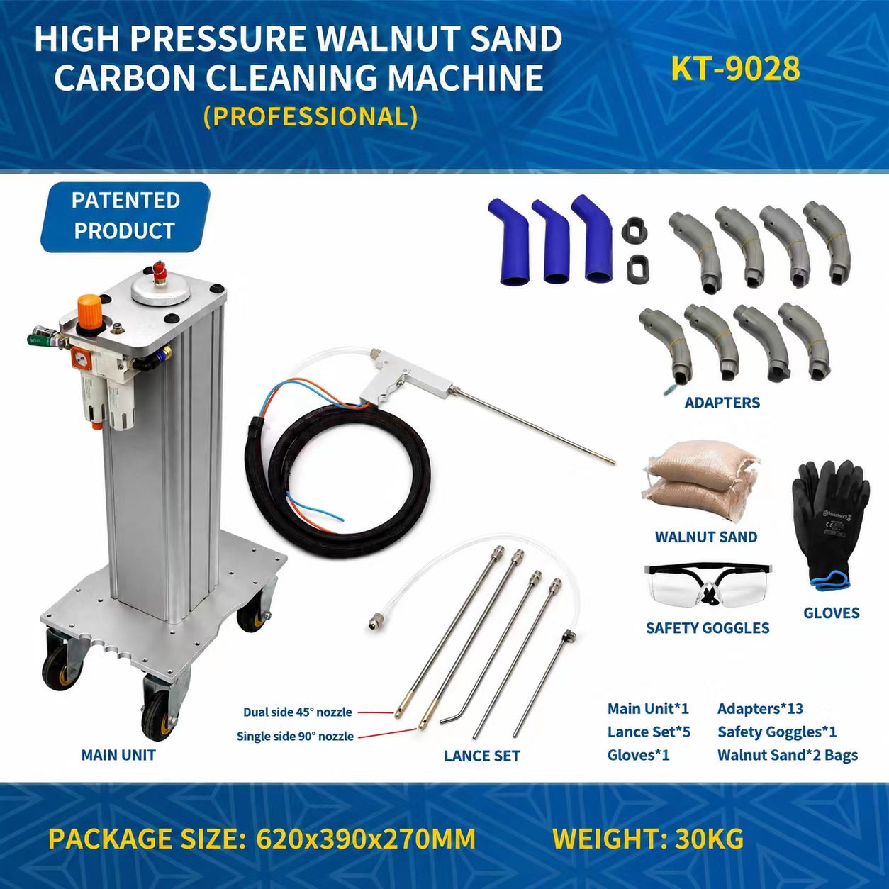 Professional Walnut Blaster, Intake Valve Carbon Deposit Removal Machine, Compact Rolling Base, Full Walnut Blasting Kit, Multi‑car Adapters